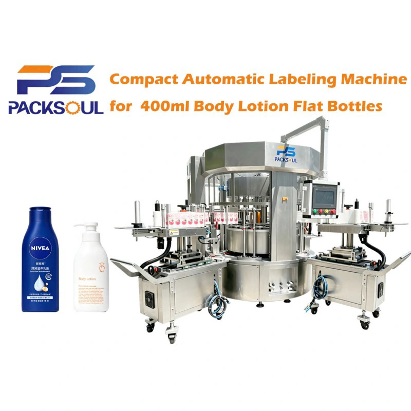 Máquina etiquetadora de botellas planas de loción corporal de 400 ml