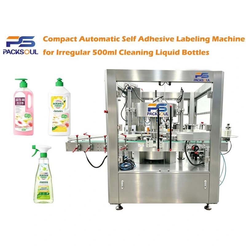 Máquina etiquetadora de botellas de líquido de limpieza irregular de 500 ml
