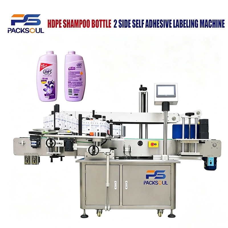 Máquina etiquetadora de doble cara para botellas de champú de HDPE