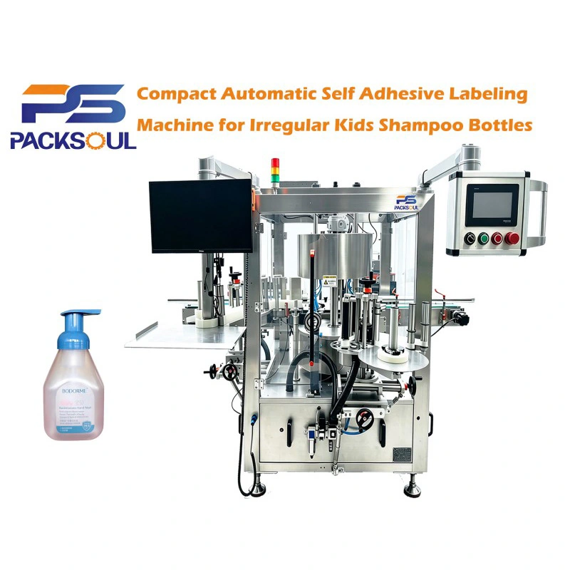 Máquina etiquetadora de botellas de champú para niños