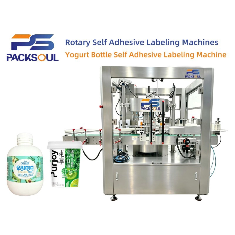 Máquina etiquetadora autoadhesiva para botellas de yogur